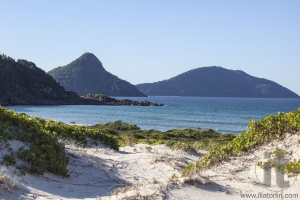 Landscape with sand dunes ocean islands and hills. Fingal Bay. Port Stephens. Australia.