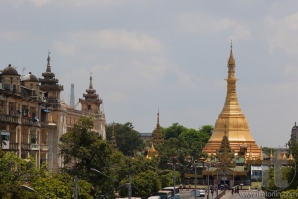 View to Sule pagoda from Sule Paya Road. Yangon. Myanmar.