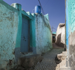 Narrow alleyway of ancient city of Jugol in the morning. Harar.