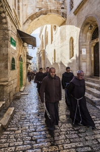 Franciscan Fathers on Friday via Dolorosa procession. Jerusalem.