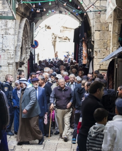 People return from Friday prayer at al aqsa mosque. Old Jerusale