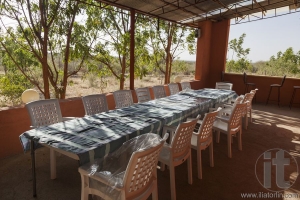 Long table and chairs on veranda. Turmi. Ethiopia. Africa.