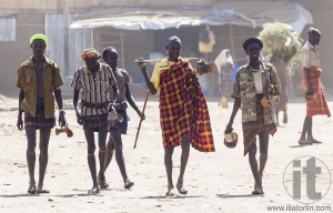 People in traditional village of Dassanech tribe. Omorato, Ethio