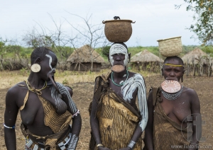 Women from Mursi tribe in Mirobey village. Mago National Park. O
