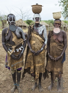 Women from Mursi tribe in Mirobey village. Mago National Park. O