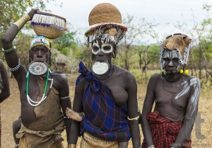 Women from Mursi tribe in Mirobey village. Mago National Park. O