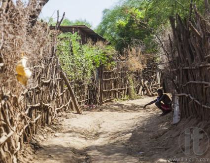Street in traditional village of Dassanech tribe. Omorato, Ethio