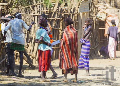 People in traditional village of Dassanech tribe. Omorato, Ethio