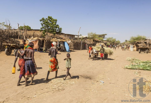 People in traditional village of Dassanech tribe. Omorato, Ethio