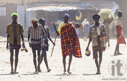 People in traditional village of Dassanech tribe. Omorato, Ethio