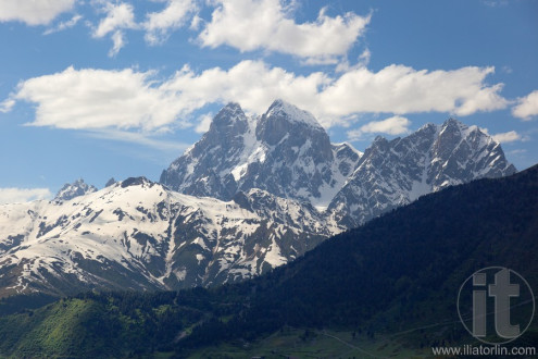 View of Double peaks of Mt. Ushba. Near Mulakhi Village. Upper Svaneti. Georgia.