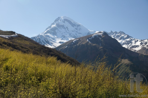 View of Mount Kazbek, near Stepantsminda. Georgia.