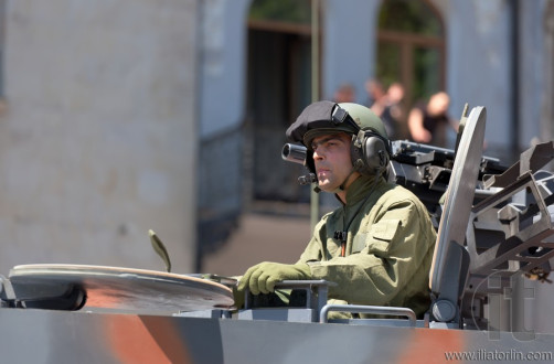 Officer in a tank on military parade. Tbilisi, Georgia.