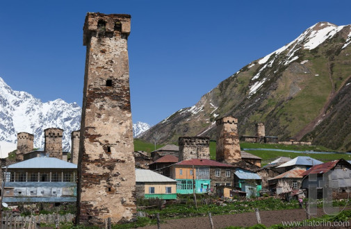 Traditional svan Protective Towers and houses in Ushguli Village. Svaneti. Georgia.