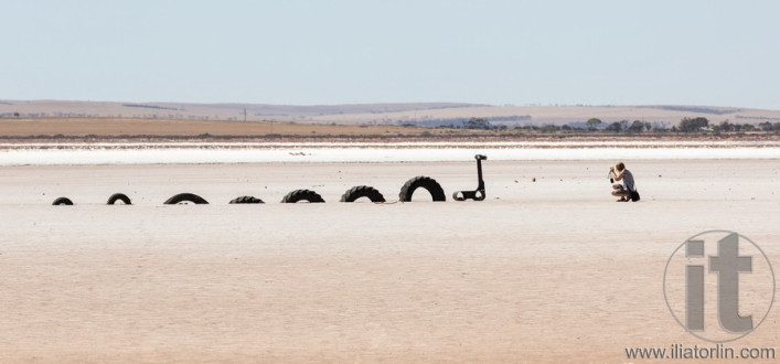 Girl taking photo of Lochiel monster. Lochiel. South Australia.