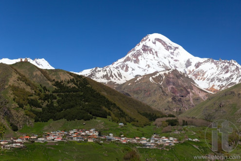 Gergeti Trinity Church and Mount Kazbek. Georgia.
