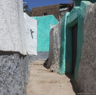 Narrow alleyway of ancient city of Jugol in the morning. Harar.