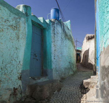 Narrow alleyway of ancient city of Jugol in the morning. Harar.