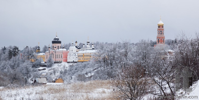 Orthodox monastery Davidova Pustin and Assumption church of the Blessed Virgin Mary in winter. Chekhov. Moscow region. Russia.