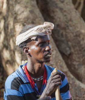 Traditionally dressed Hamar man with chewing stick in his mouth.