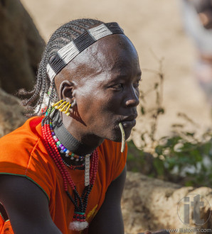Traditionally dressed Hamar man with chewing stick in his mouth.