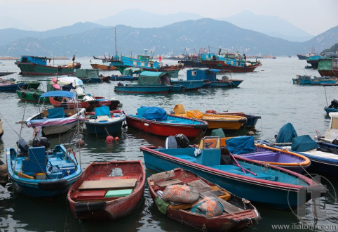 Late evening. Fishing and house boats in Cheung Chau harbour. Hong Kong.
