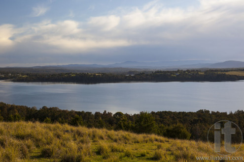 View over the lake Coila towards Tuross Head. Bingie. Nsw. Australia.