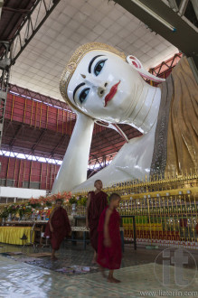 Reclining Buddha in Chaukhtatgyi Paya. This huge beautiful sculpture surprisingly very little known and rarely visited by foreigners.