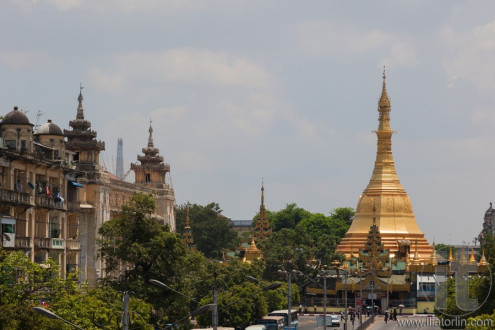 View to Sule pagoda from Sule Paya Road. Yangon. Myanmar.