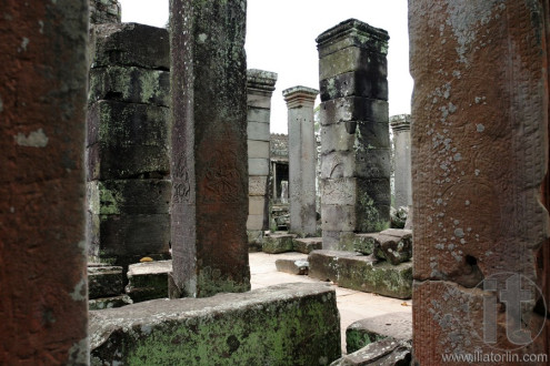 Ancient columns on the second level in Bayon. Angkor, Siem Reap. Cambodia