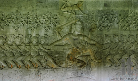 In Hinduism, Samudra manthan (Devanagari) or The churning of the ocean of milk is one of the most famous episodes. Bas relief. Angkor Wat. cambodia