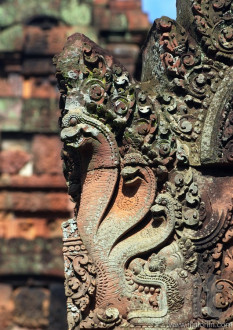Red stone carving of the Banteay Srei Temple in the Angkor. Siem Reap, Cambodia.