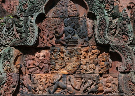 Red stone carving of the Banteay Srei Temple in the Angkor. Siem Reap, Cambodia.