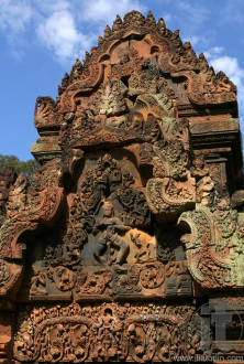 Red stone carving of the Banteay Srei Temple in the Angkor. Siem Reap, Cambodia.