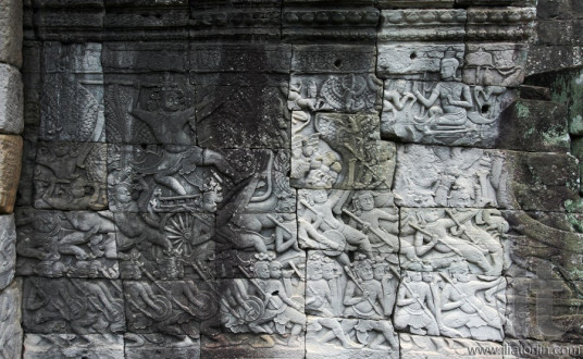 The Chams Retreat bas relief on the first level in Bayon, Angkor. Siem Reap. Cambodia