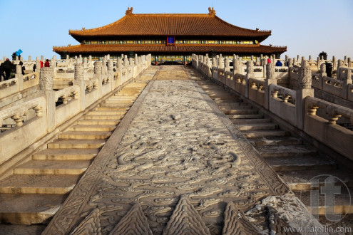 Early winter morning. Steps leading up to the Three Great Halls Palace. Forbidden City In Beijing, China.