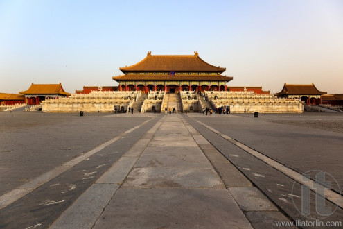 Early winter morning. View from courtyard towards the Three Great Halls Palace. Forbidden City In Beijing, China.