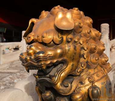 Guardian Lion in front of The Three Great Halls Palace. Forbidden City. Beijing. China.
