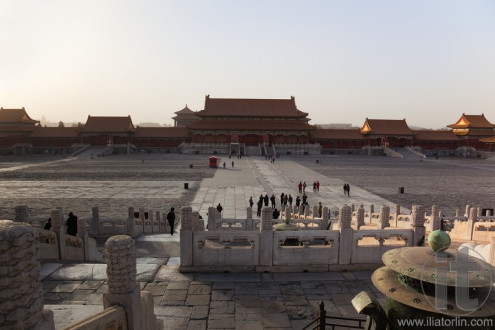 Winter Sunrise. View to Gate of Supreme Harmony from the terrace of Tree Great Halls Palace. Forbidden City. Beijing. China