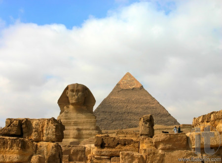 Giza sphinx with pyramids on the background. Giza. Cairo. Egypt.