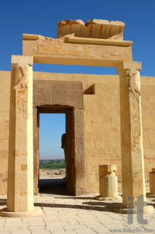 Ruins of Temple of Hatshepsut. Egypt. West bank. Luxor. View from the inside towards Nile valley.