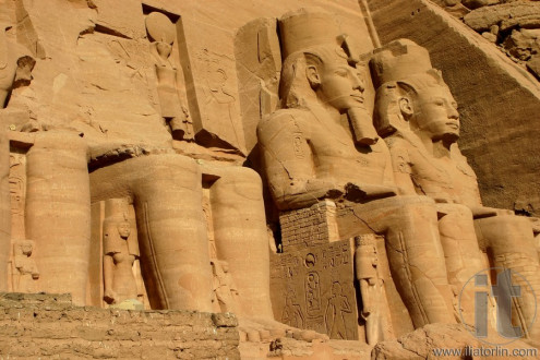 Statues near the entrance to Abu Simbel temple in Egypt