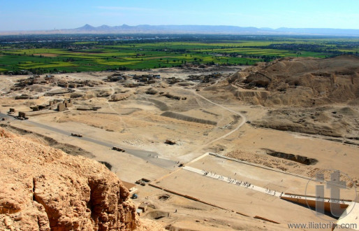 View to Neil Valley from Gurna hills near the valley of kings, Hatshepsut's temple. Wet Bank. Luxor. Egypt