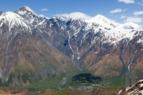 Caucasus Mountains and Stepantsminda village. Georgia.