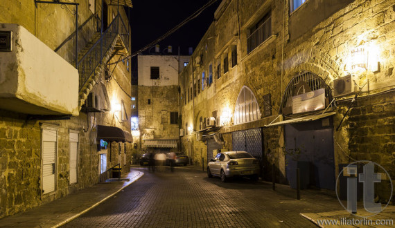 Streets of ancient city of akko at night. Israel