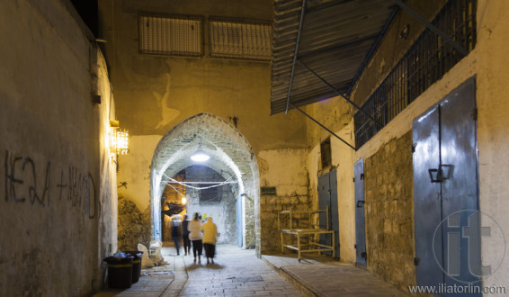 Streets of ancient city of akko at night. Israel