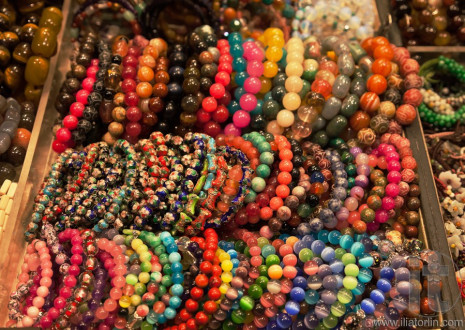 Assortment of colourful bracelets on Cat Street Market stand. Hong Kong.