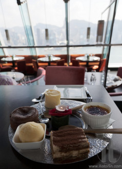 Dessert platter in restaurant with the view. Kowloon. Hong Kong.
