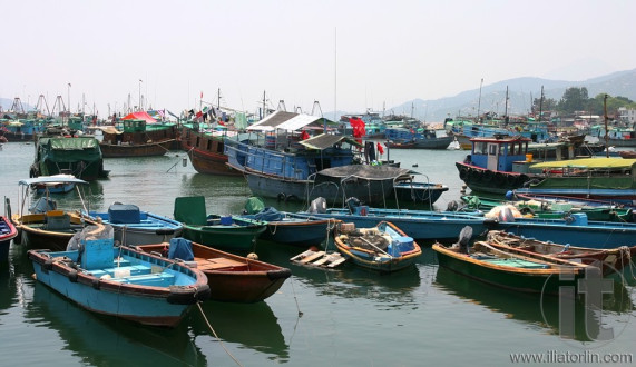 Fishing and house boats anchored in Cheung Chau harbour. Hong Kong.