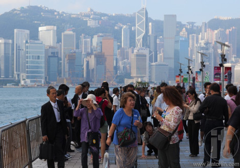 Inflow of China mainland tourists on Avenue of Stars.Tsim Sha Tsui. Hong Kong.